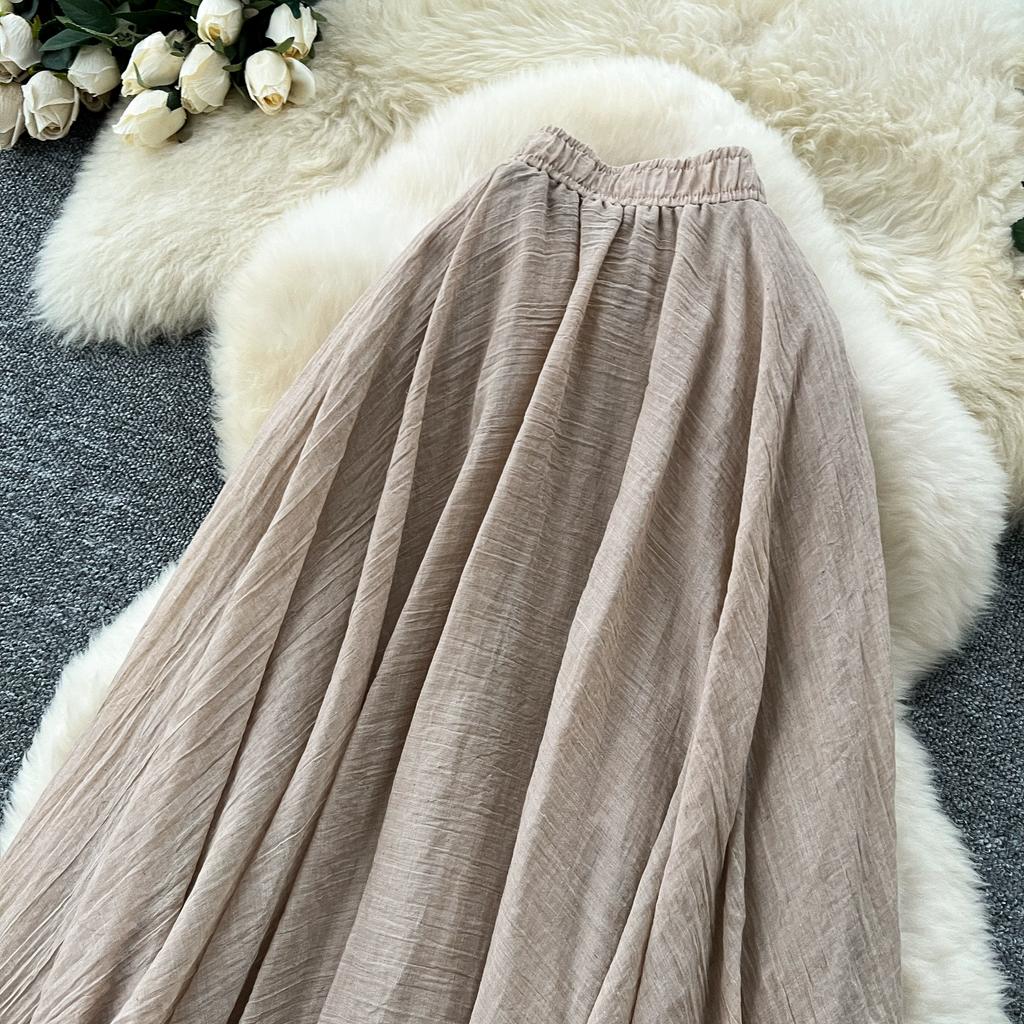 Summer Women Chic Cotton Linen Solid Elastic Waist Long Maxi Skirt