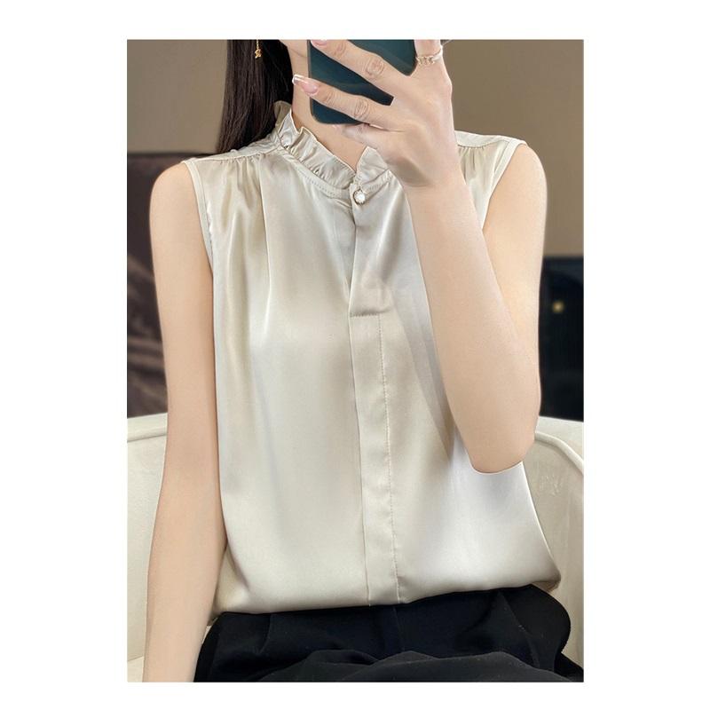 Lace Trim Sleeveless Solid Color One Button Blouse Silk Satin Slimming Commuter Shirt For Women Elegant Spring Summer Lightweight Top