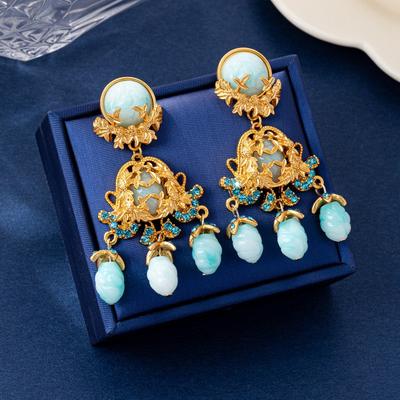 Medieval Baroque Blue Pink French Hollow Flower Relief High-grade Light Luxury Temperament Elegant and Versatile Woman