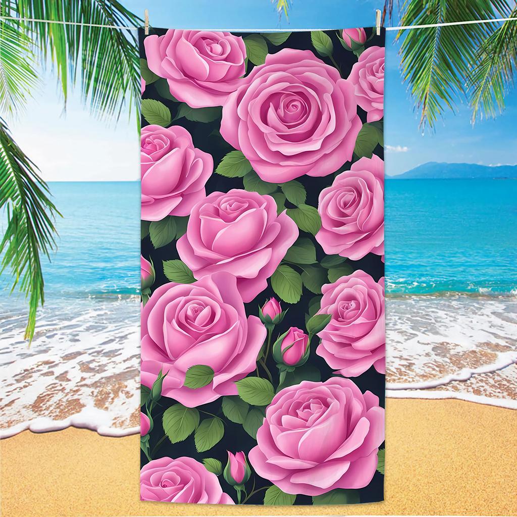 Rose Pattern Beach Towel, Digital Printing Thin Quick-Dry Anti-Sand Microfiber Lightweight for Swim, Yoga, Travel, Gym, Gift