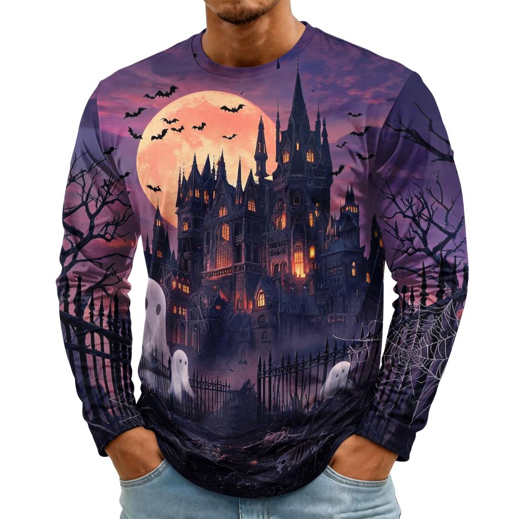 Men's Halloween Printed Long Sleeve Neck T-Shirt for Holiday Party Costume