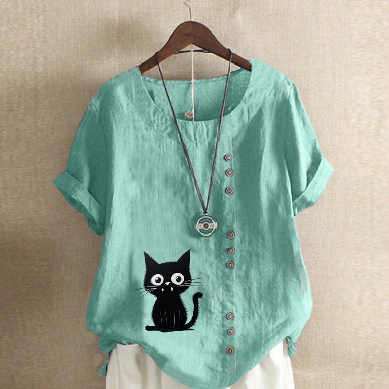 Women's Fashion Cat Prined Short Sleeve T-shirt Loose Cotton Shirt Casual Loose Summer Blouse Plus Size Tops