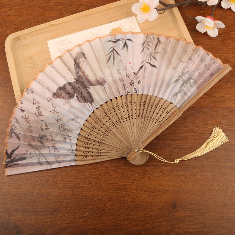 1pc Chinese Style Bamboo Folding Fan Butterfly Pattern Hand Fan With Tassel For Wedding Dance Party Home Decor