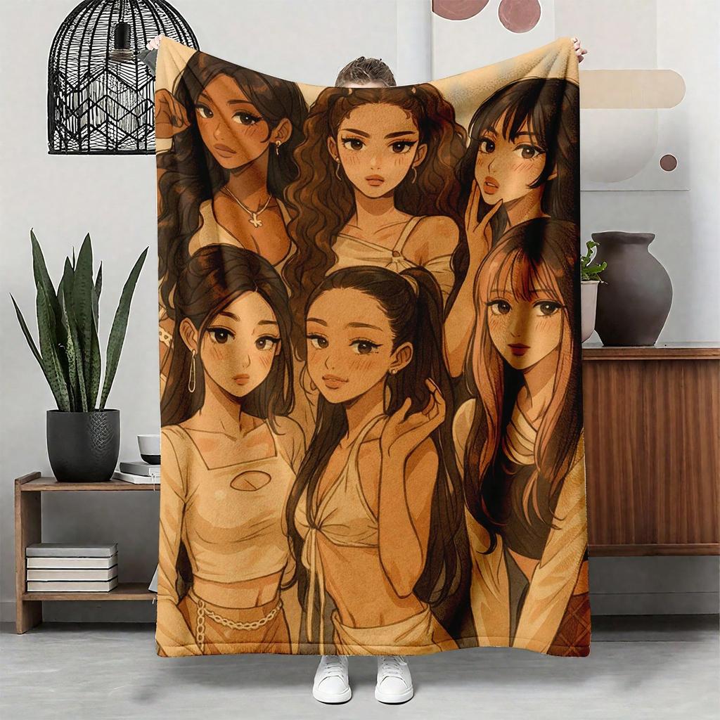 1pc Katseye Fan Art Anime Flannel Blanket, 2D Warm Tone Group Print, All Season Cozy Throw for Bedroom, Living Room, Camping, Kp