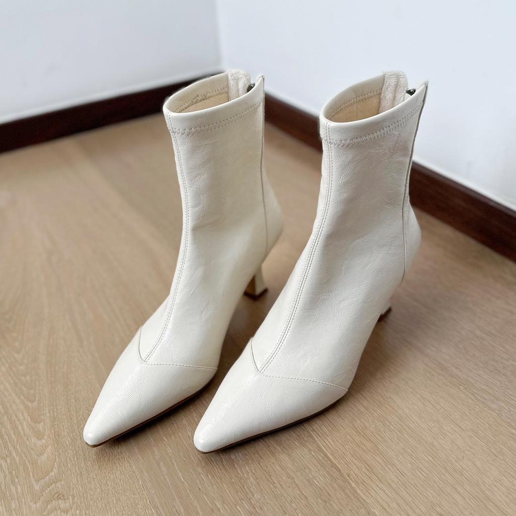 Rindsleder-Version~ Französische spitze elastische dünne Stiefel Damen 2025 dünner Absatz hoher Absatz kurze Stiefel Reißverschluss hinten Temperament einzelne Stiefel