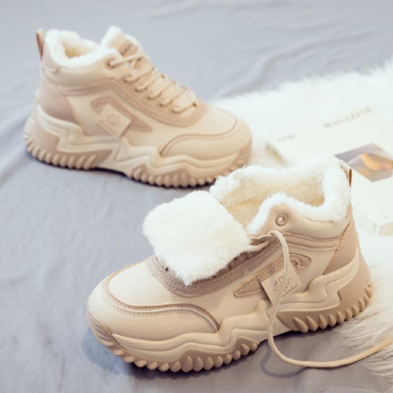 

Женские хлопковые ботинки на каждый день 2024 Зима Новые плюшевые теплые хлопковые туфли на толстой подошве на шнуровке Высокие повседневные спортивные вулканизированные туфли 35 бежевый