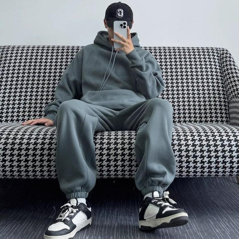 Autumn and Winter Grey Minimalist Streetwear Brand Loose, Fleece and Thickened Sweatshirt Sportswear Set for Men and Women