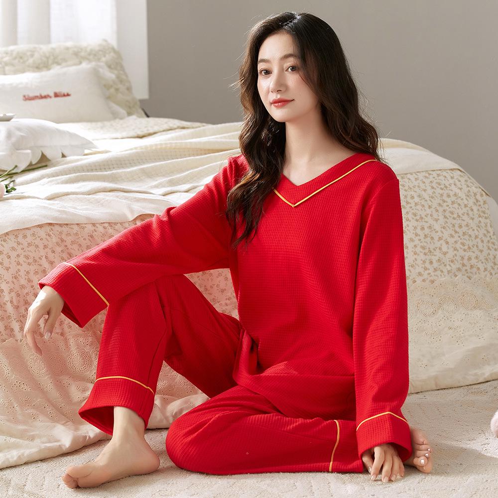 

Жіночий червоний вафельний піжамний комплект з бавовни - з довгим рукавом та штанами, простий осінній стиль M (For height 155-160cm, weight 80-100kg)