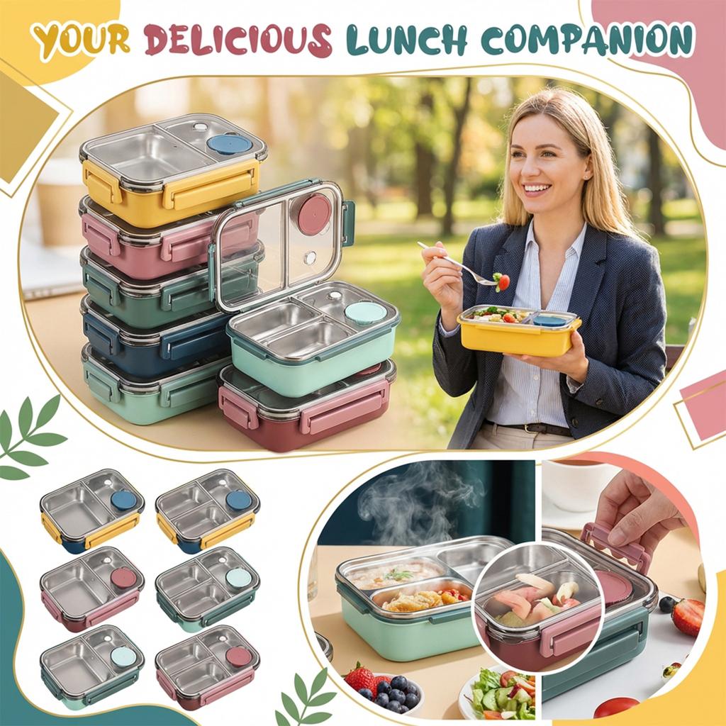 Boîte à lunch, Boîte à lunch portable en acier inoxydable, Avec vaisselle et compartiments séparés