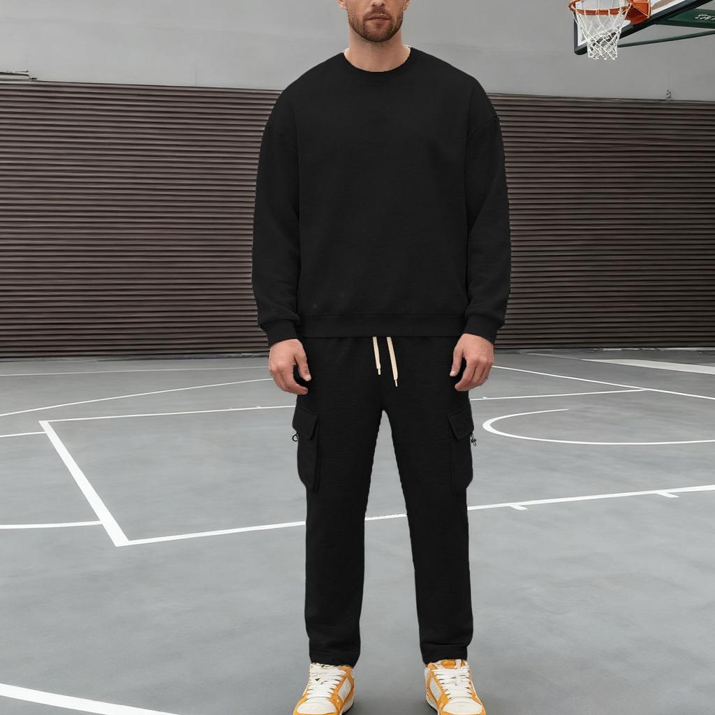 Men's Casual Sportswear Set Autumn/Winter Fleece-Lined Heavyweight Oversized Long-Sleeved Crew Neck Sweatshirt and Trousers Set