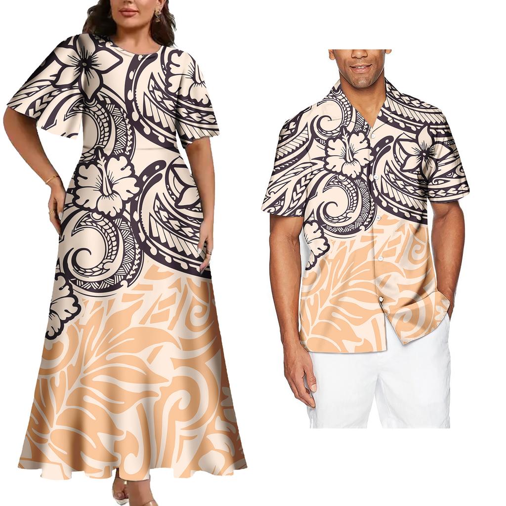 Tenues Assorties pour Couple Ensemble Deux Pièces Femme Robes de Soirée Assorties Chemises Homme Tenues de Couple Tribales Polynésiennes Samoa Personnalisées