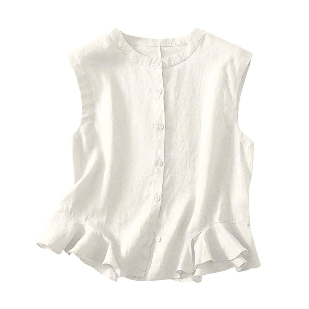 Women's Minimalist Loose Fit Cotton Linen Blend Elegant Tank Top With Ruffled Hem And Button Detail