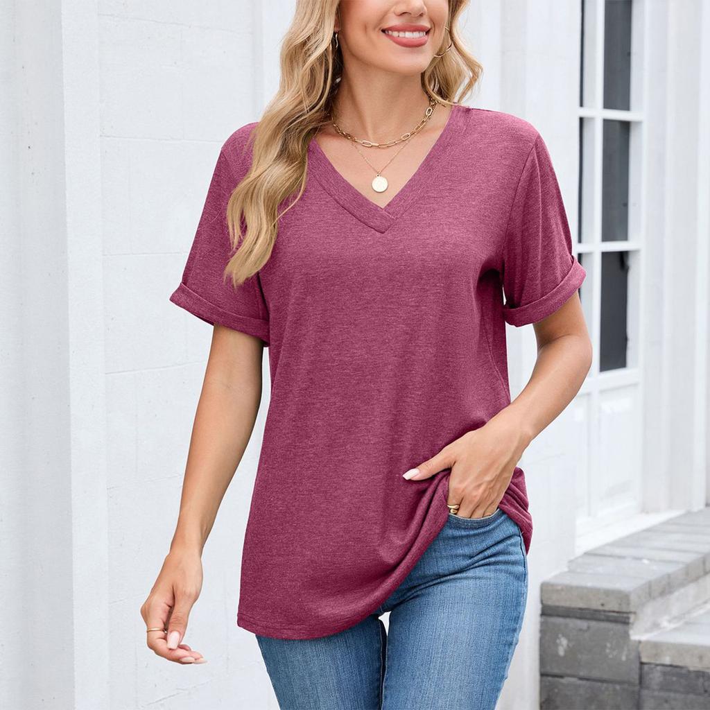 Women's Fashion Color V-neck Short Sleeved Loose Fitting Pullover T-shirt Top