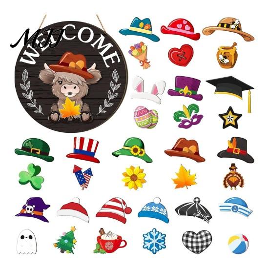Festive Wooden Door Decoration 1 Set Interchangeable Welcome Sign with Seasonal Hat Accessories Gnome Hats Highland Cow Hanging Front Home