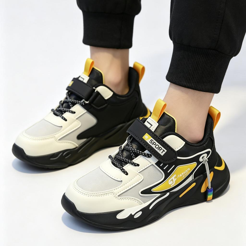 Children Running Shoes Double Leather Upper Lightweight Breathable Sport Sneakers with Hook and Loop Closure and Durable Outsole for Kids