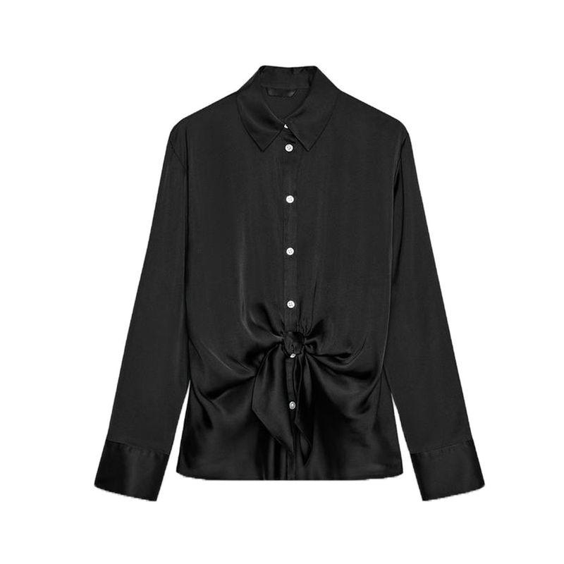 

Autumn New Women s Clothing Commute Style Single-Breasted Lapel Long Sleeves Bow Tie Silk Satin Textured Shirt 8653335 Black L