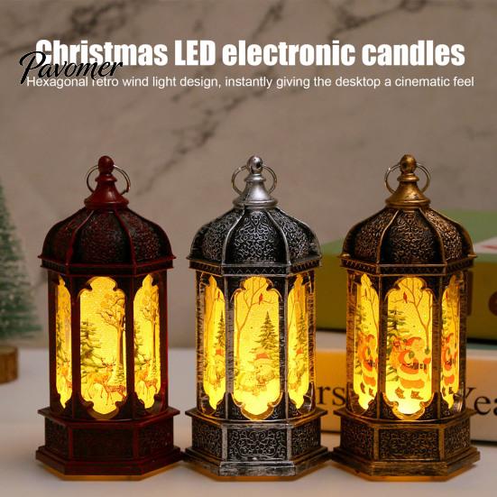 Decorative Holiday Desk Lamp Hexagon Christmas Lantern, LED Vintage Glowing Tabletop with Painted Night Light Scene, Flameless Candle for Bedroom And