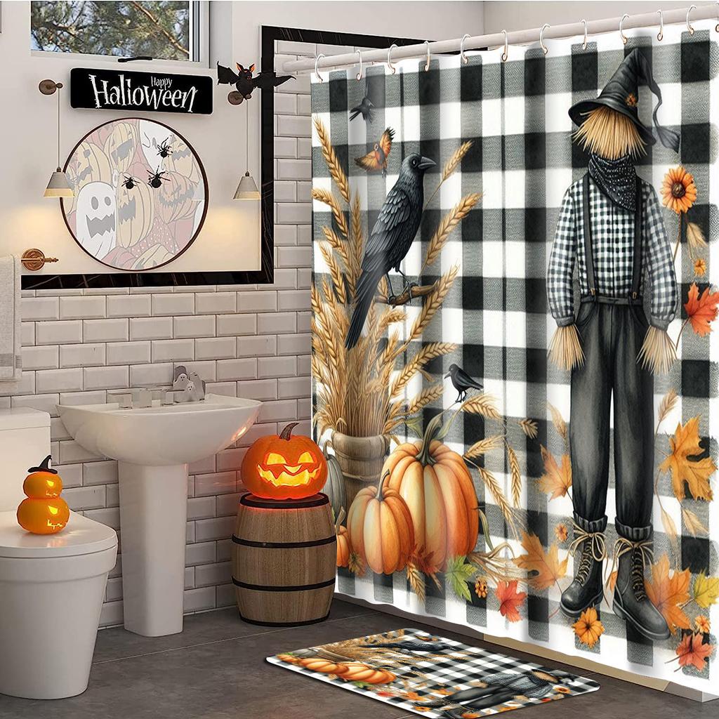 2025 Halloween Thanksgiving Witch Hats Pumpkin  Pattern Bathroom  Shower Curtain  With 12 Hooks Bathroom Decor and Accessories