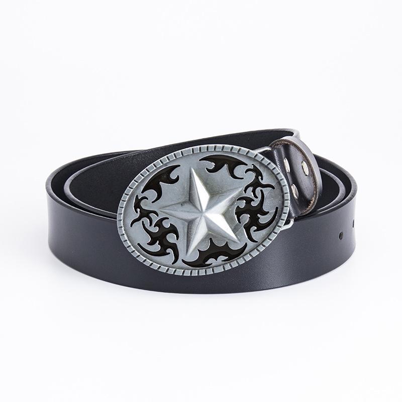 Pentagram Men's Cowhide Belt - Retro Smooth Buckle, Wide 130cm Decorative Trouser Belt