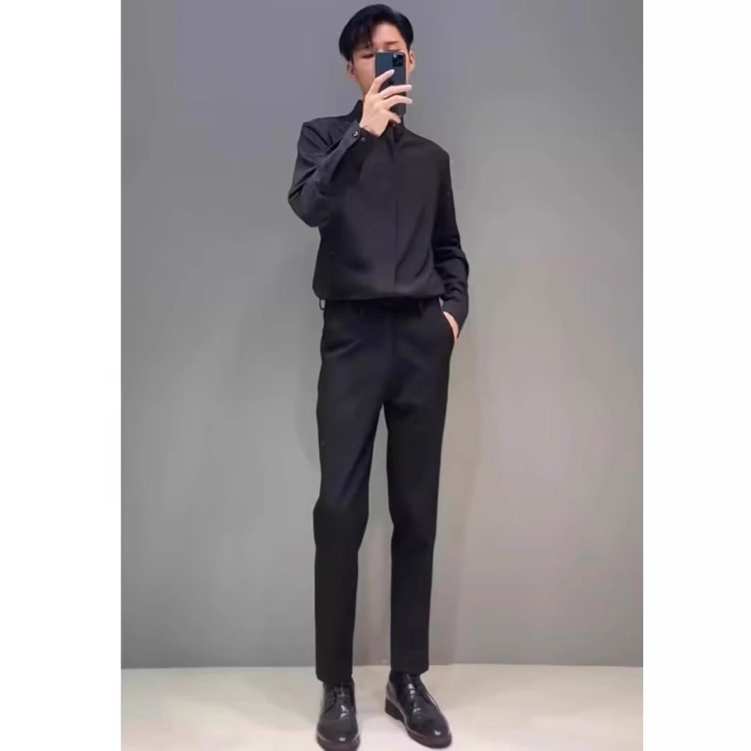 

2025 Мужская приталенная немнущаяся рубашка с длинным рукавом для бизнеса - Легкий, зрелый корейский стиль для весны и осени M чёрный