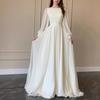 Spring and Autumn Lantern Sleeve Pearlescent Dress White Wedding Dress Crew Neck Dress Long Sleeve Dress