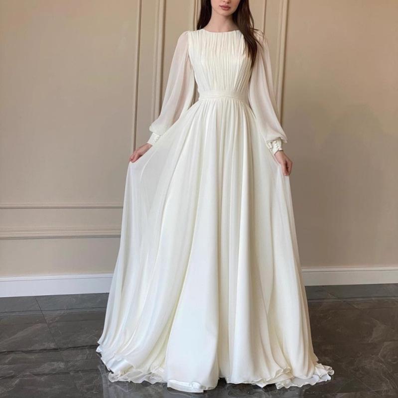 Women White Long Sleeve Pleated Waist Flowy Floor Length Maxi Dress