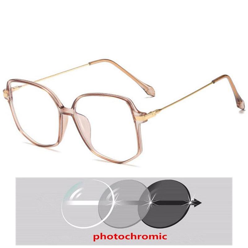 Oversized Polygon Myopia Glasses Women Transparent Green Frame Photochromic Diopter 0 To -6.0 Prescription