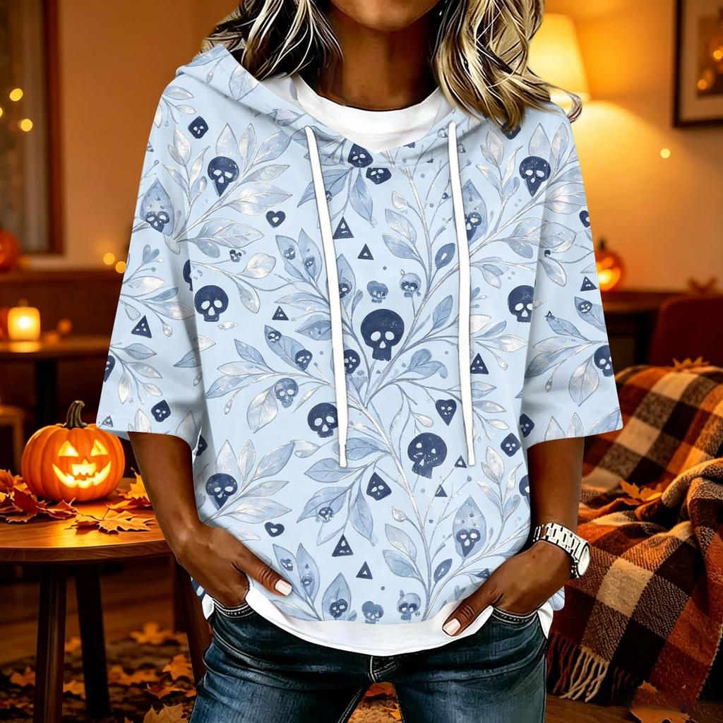 Women's Halloween Printed Hoodie Loose Fit Three-Quarter Sleeve Casual Top