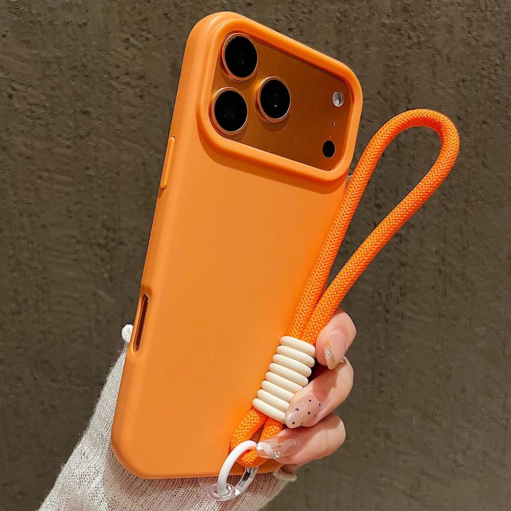 Candy Color Matte Wrist Strap Phone Case For 17 16 Pro Max 15 14 13 12 11 Air Plus Colorful Lanyard Shockproof Soft Cover