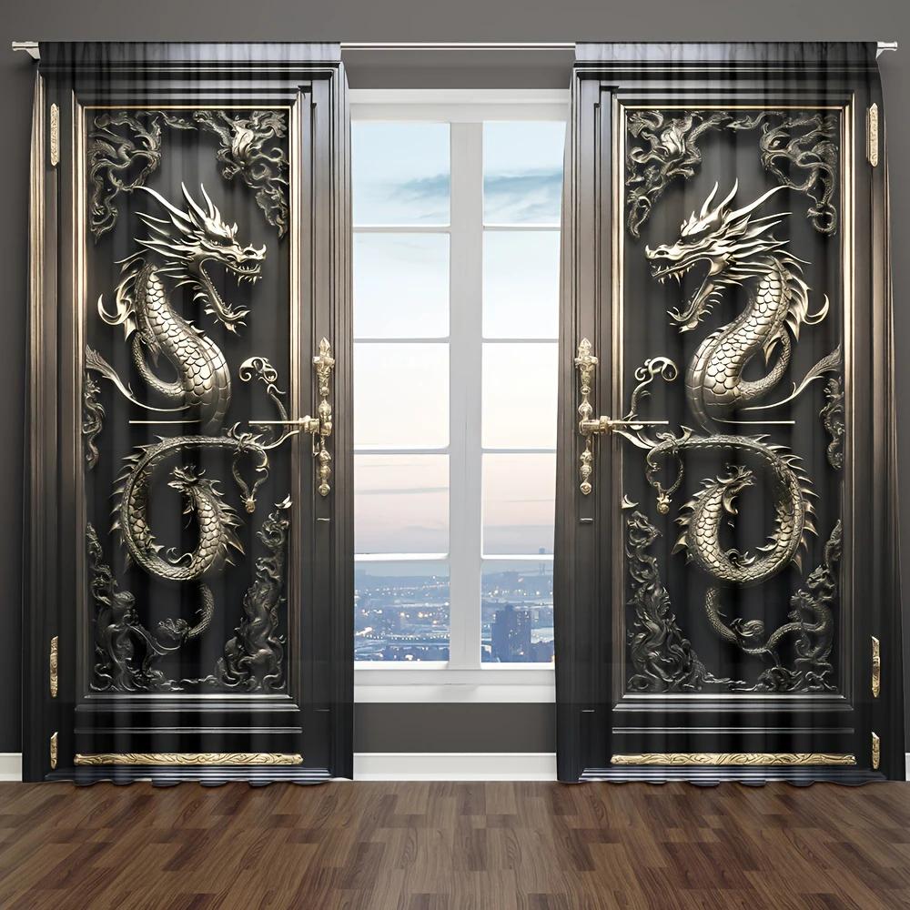 Klassiska 3D-präglade svarta drak-totem metalltryckta gardiner, gardiner med kanal för gardinstång, heminredning, rumsdekoration