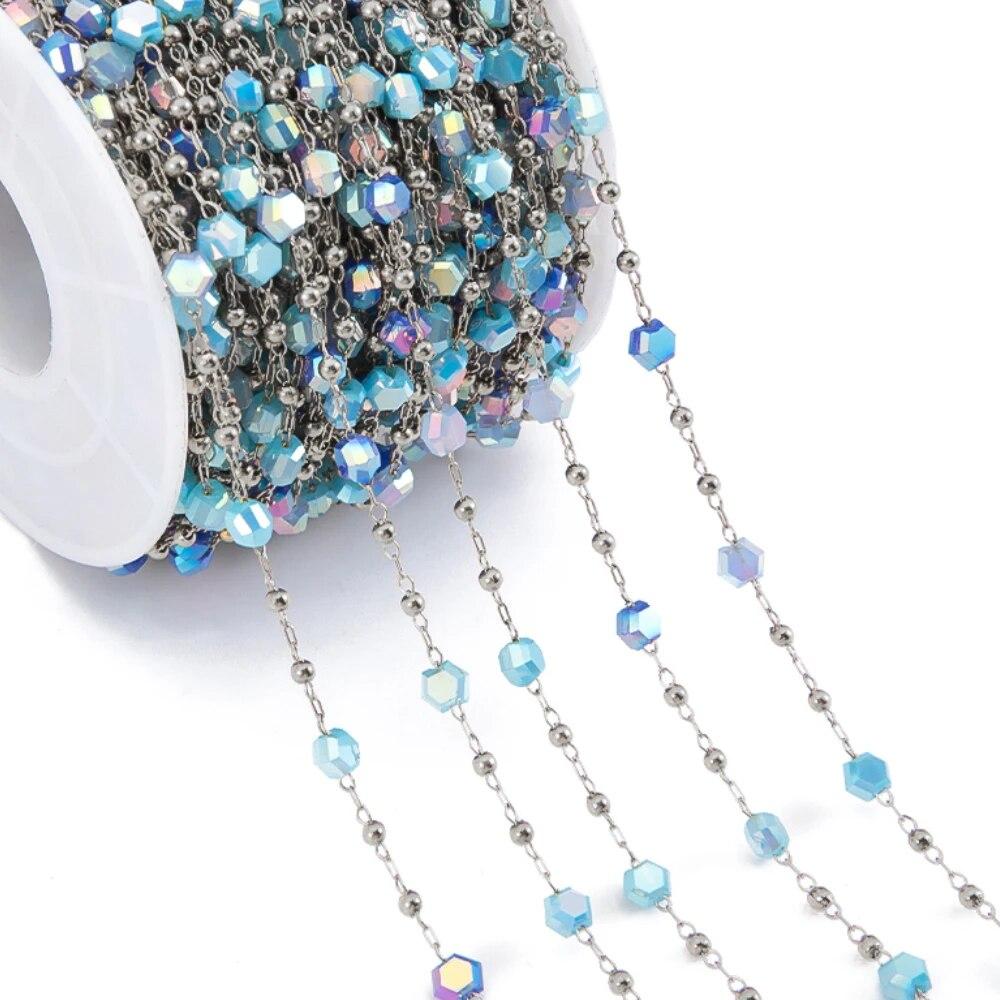 

1meter Crystal Bead Stainless Steel Chain Blue Natural Stone Beaded Sweater Chain Supplies Necklace Bracelet Jewelry Making DIY 1meter