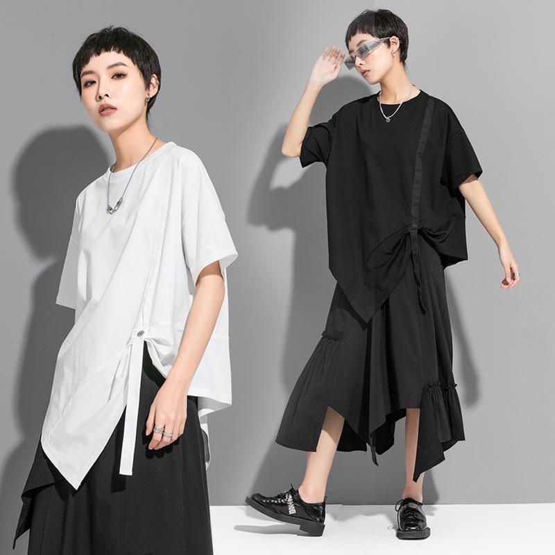 Summer Casual Irregular T-Shirt with Woven Stripes and Loose Short Sleeves