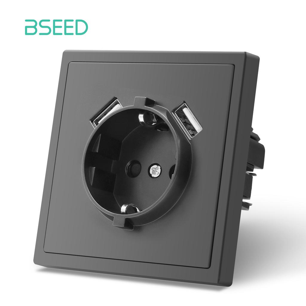 BSEED Mechanical 1/2/Gang Wall Light Switch 1Way With EU Sockets Power USB Power Outlets Plastic Panel No Led Lights Gray Series