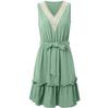 Women Spring Solid Color Lace V-Neck Sleeveless Dress Summer Casual A-Line High Waist Above Knee Belt Short Dresses S-XL