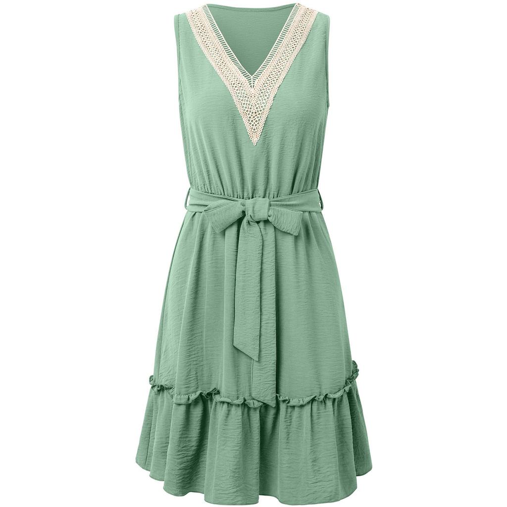 Women Spring Solid Color Lace V-Neck Sleeveless Dress Summer Casual A-Line High Waist Above Knee Belt Short Dresses S-XL