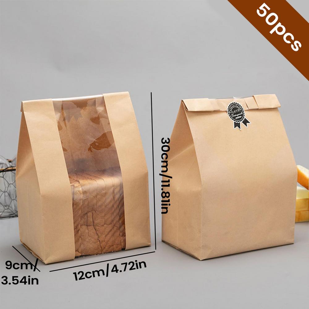 50pcs Kraft Paper Bag Toast Bag Packaging Bag Self Sealing Bread Bag Baked Food Wrapping Pouches Biscuits Cake Bag Free Sticker