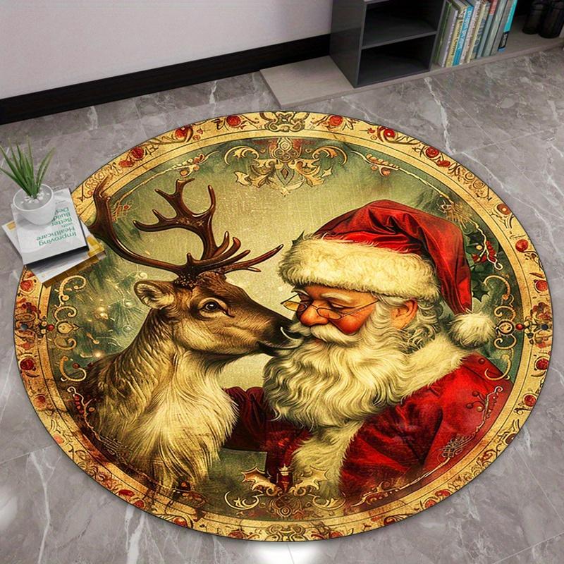 

Christmas Round Rug - Vintage Santa & Deer Design, Soft Non-Slip Polyester Mat for Indoor Home Decor 60cm