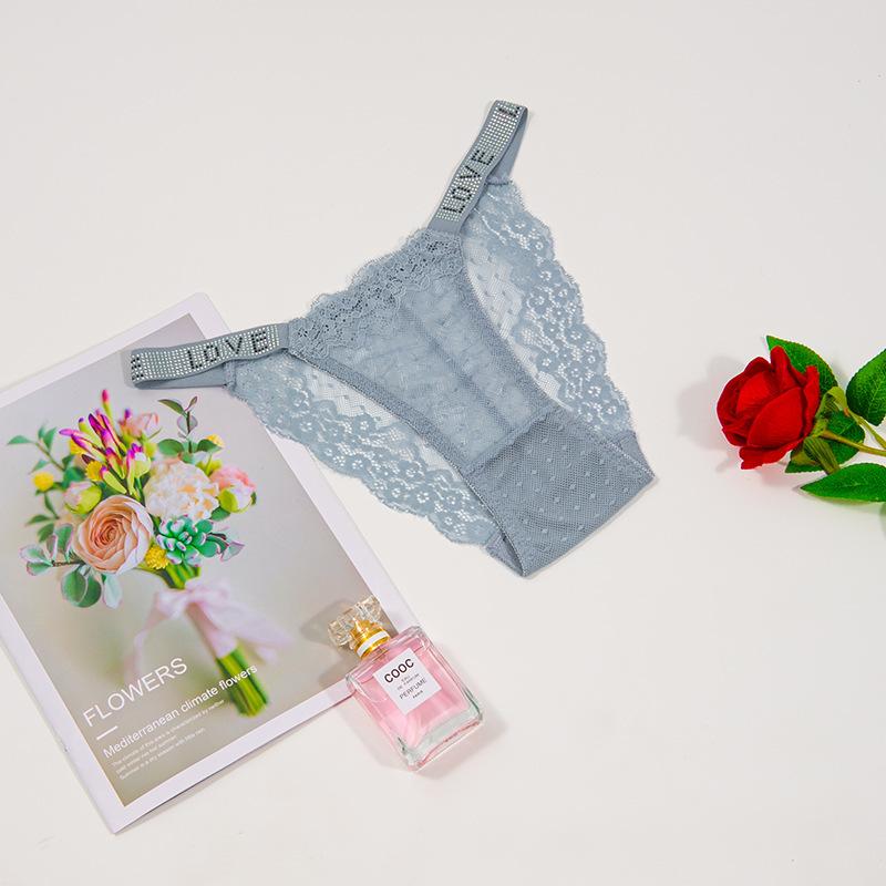 Hot Diamond Sexy Lace Underwear Women's Double Belt Thongs Diamond Decoration Hot Simple Breathable Hollow Lightweight Bikini Panties