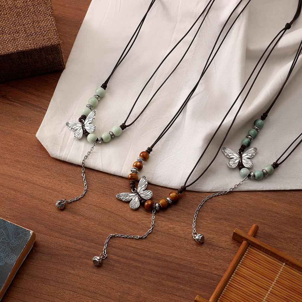 Ethnic style ceramic sweater chain women's pendant literary Chinese style butterfly accessories necklace women's wholesale exquisite pendant