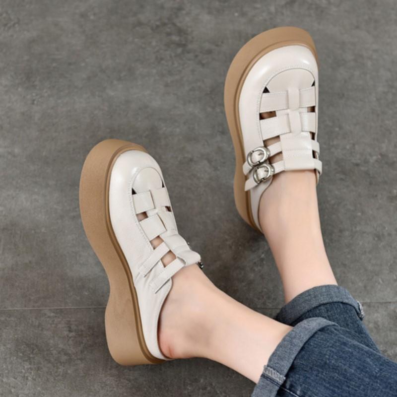 Johnature Runde Zehenpartie, ausgehöhlte Outdoor-Hausschuhe für Damen, leichte Sandalen aus echtem Leder mit dicker Sohle