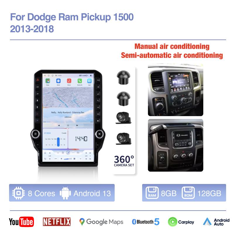 14.5inch Android13 Car Multimedia Video Player For Dodge Ram Pickup 1500 2013 - 2018 GPS Navigation Radio Carplay 4G wifi 360