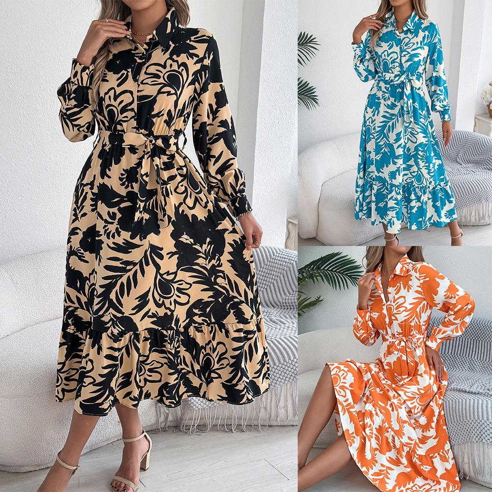 

New ladies floral dresses versatile casual floral long-sleeved shirt dress ruffled long dress dresses XL помаранчевий