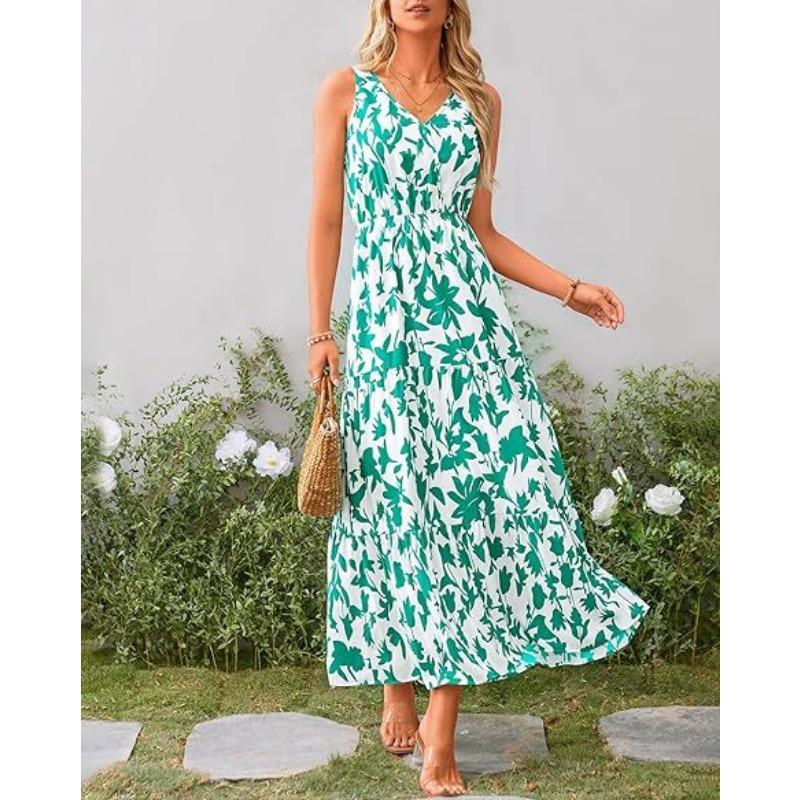 2025 Popular Women's V-neck Elastic Waist Casual Sleeveless Printed Dress