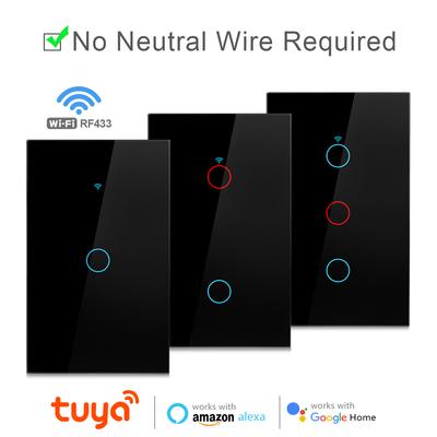 WiFi Smart Wall Switch RF433 Bez neutrálního vodiče Single Fire 1/2/3 Gang Light Switch Tuya App Dálkové ovládání Dotykový přepínač Funguje s Alexa Google Home