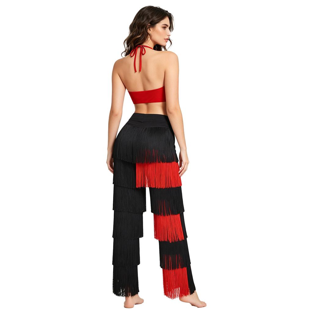 S-3XL Women Latin Dance Tassel Set Lace Up Halter Gold Trim Crop Top with Elastic Waist Contrast Color Pants for Performance