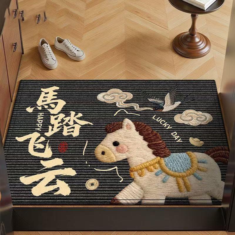 New Year Red Cartoon Festive Crystal Velvet Non-slip Entrance Floor Mat - Quick Drying, Wear-resistant, Water-absorbing Foot Pad.