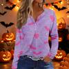 Women's Halloween Print V-Neck Long Sleeve T-Shirt with Decorative Buttons Casual Top