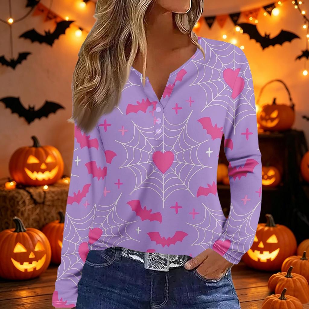 Women's Halloween Print V-Neck Long Sleeve T-Shirt with Decorative Buttons Casual Top
