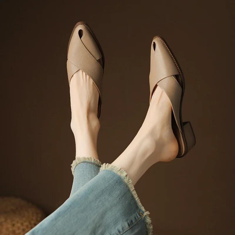 Fashion 2024 Summer Slippers Women Genuine Leather Shoes for Women Pointed Toe Chunky Heel Mules Sandals Women Hollow Out Ladies Shoes
