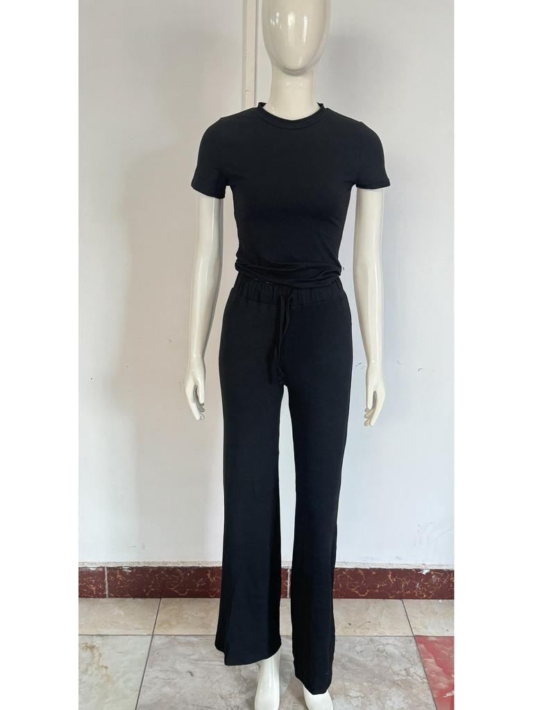 2025 Women's Spring Solid Color Casual Two-Piece Set: Short Sleeve & Long Pants